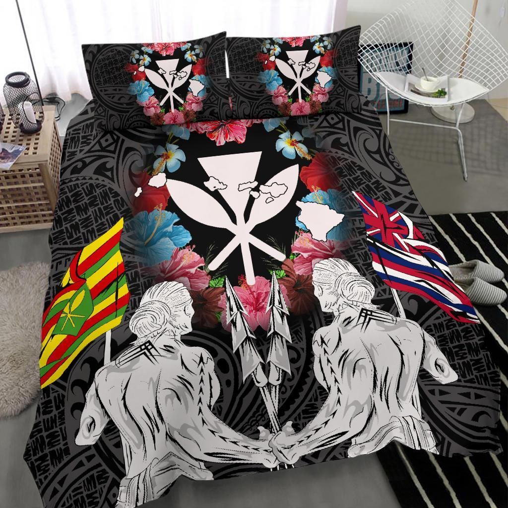 hawaii map kanaka two men holding flag white duvet cover bedding set 4998