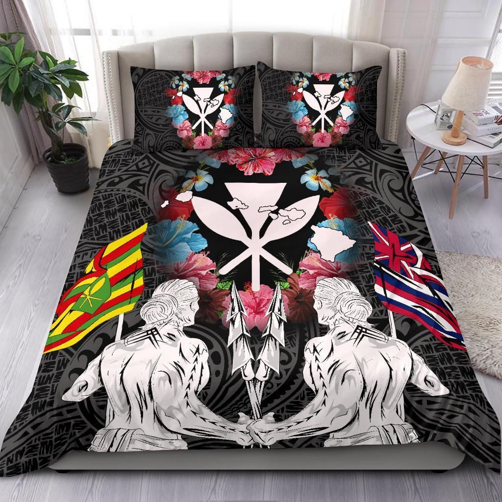hawaii map kanaka two men holding flag white duvet cover bedding set 5099