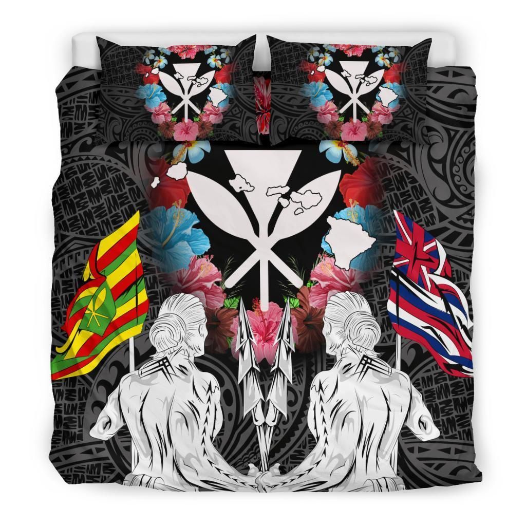 hawaii map kanaka two men holding flag white duvet cover bedding set 8451