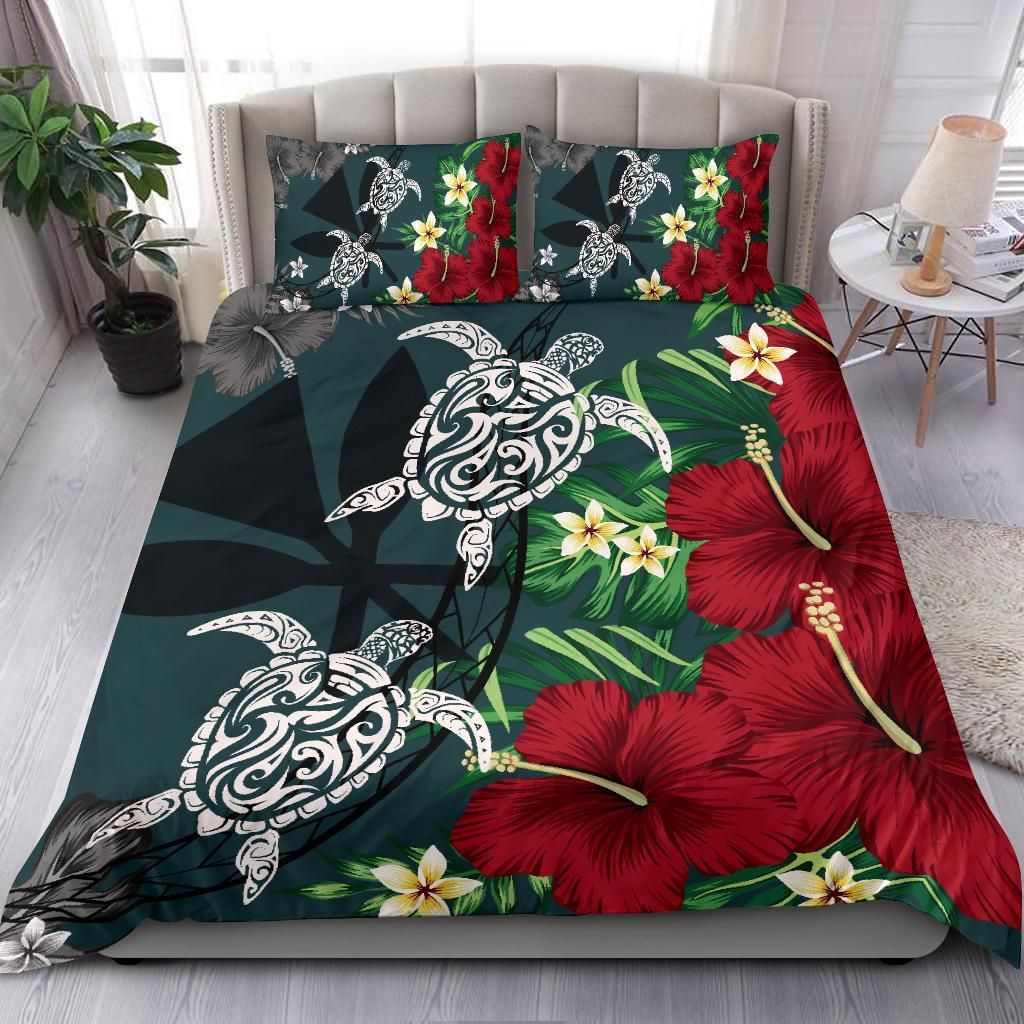 hawaii map turtle hibiscus plumeria polynesian duvet cover bedding set 1060