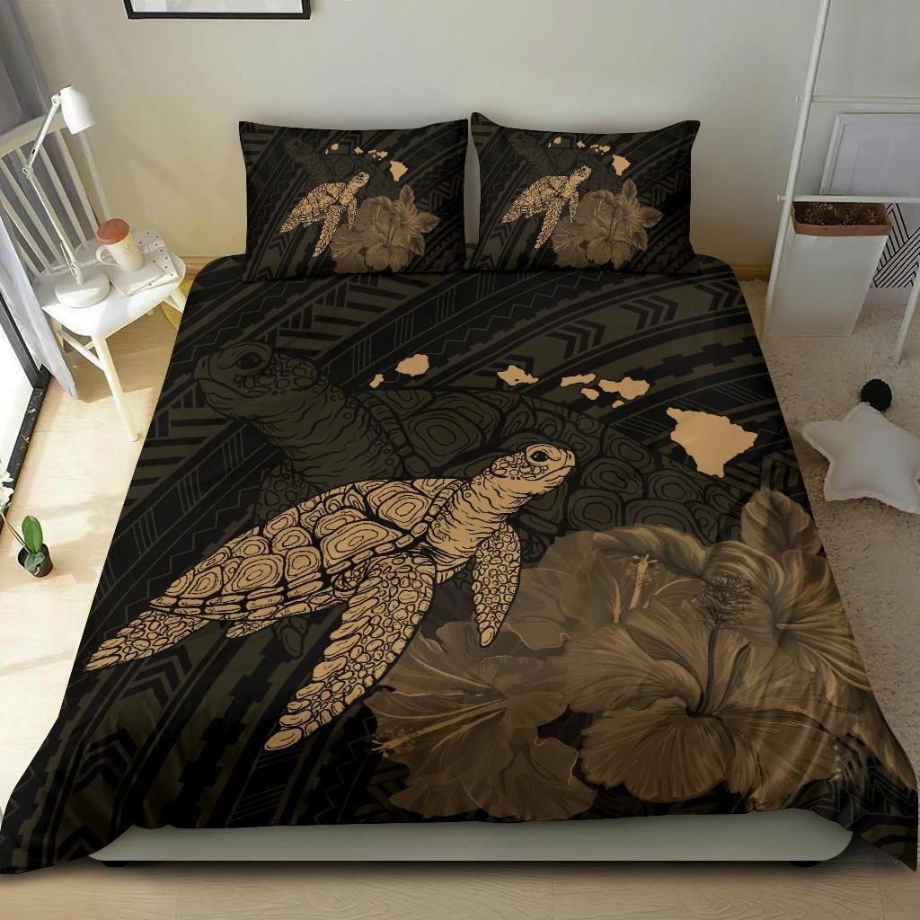 hawaii polynesian hibiscus turtle map gold leaf duvet cover bedding set 1123