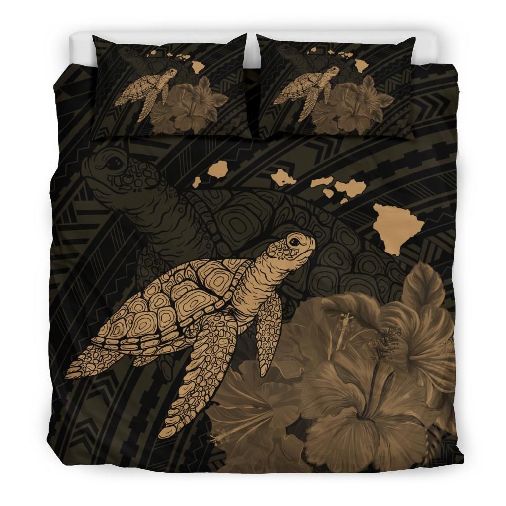 hawaii polynesian hibiscus turtle map gold leaf duvet cover bedding set 2179
