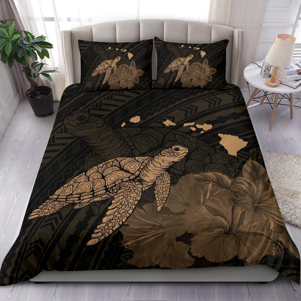 hawaii polynesian hibiscus turtle map gold leaf duvet cover bedding set 6665