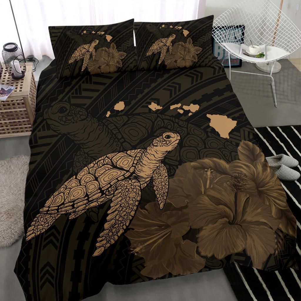 hawaii polynesian hibiscus turtle map gold leaf duvet cover bedding set 7677