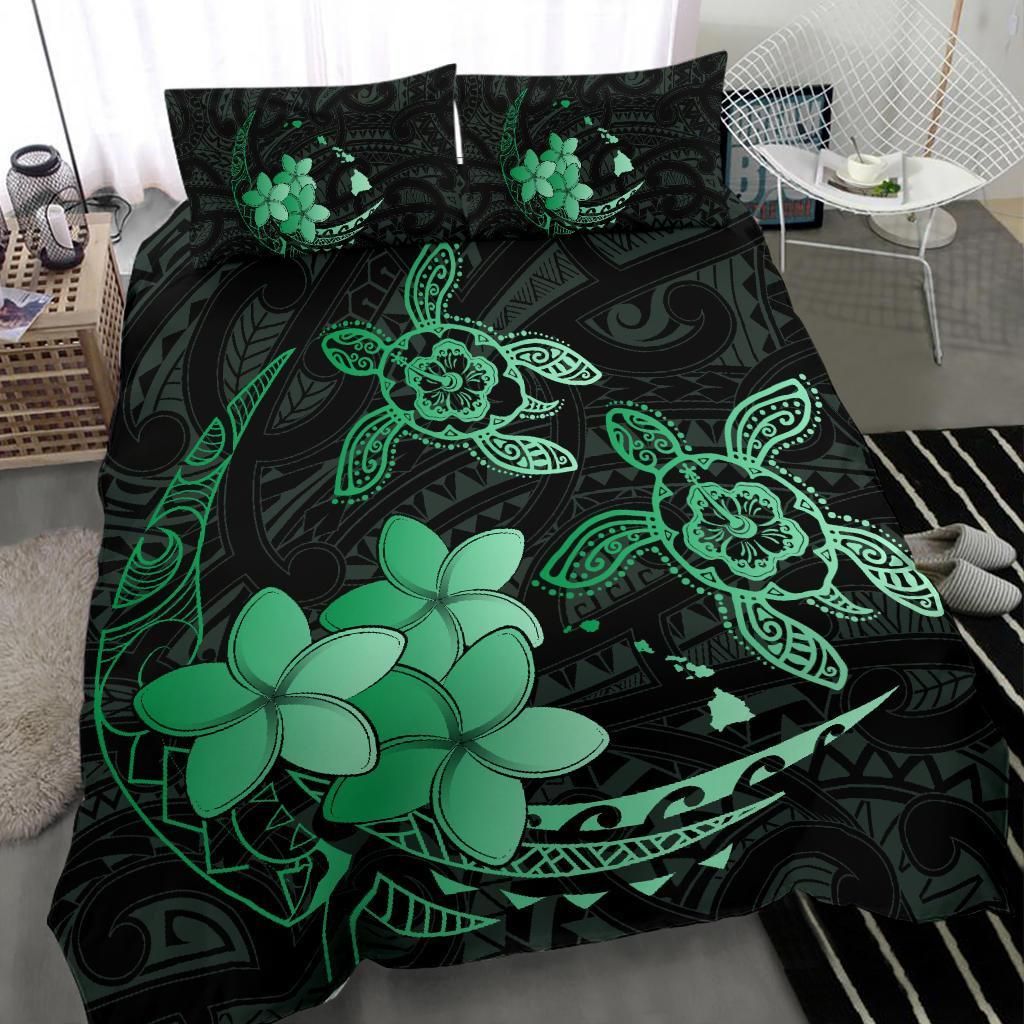 hawaii polynesian turtle plumeria pog style green duvet cover bedding set 5975