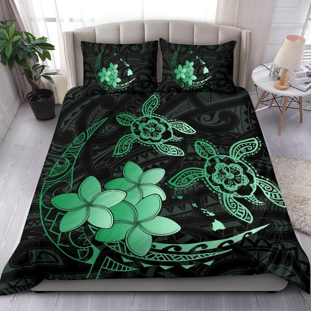 hawaii polynesian turtle plumeria pog style green duvet cover bedding set 6133
