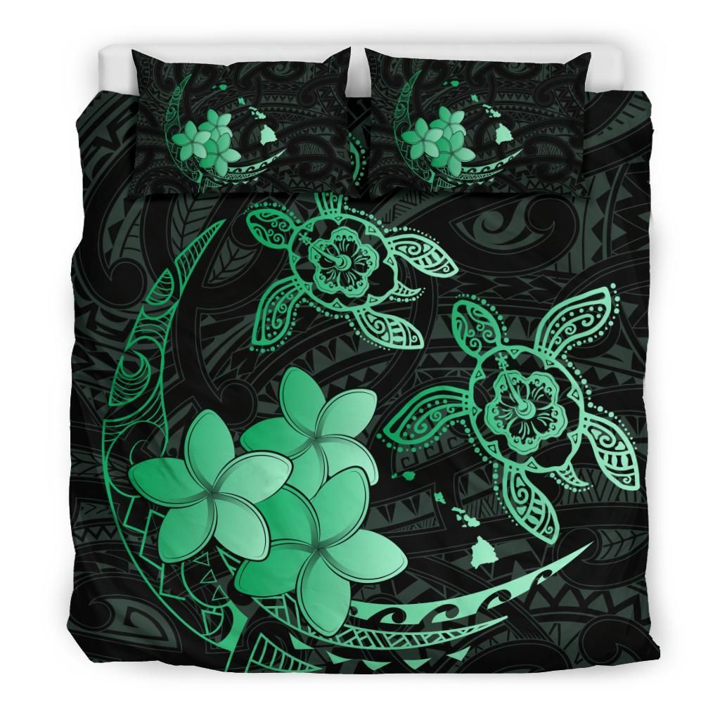 hawaii polynesian turtle plumeria pog style green duvet cover bedding set 8932
