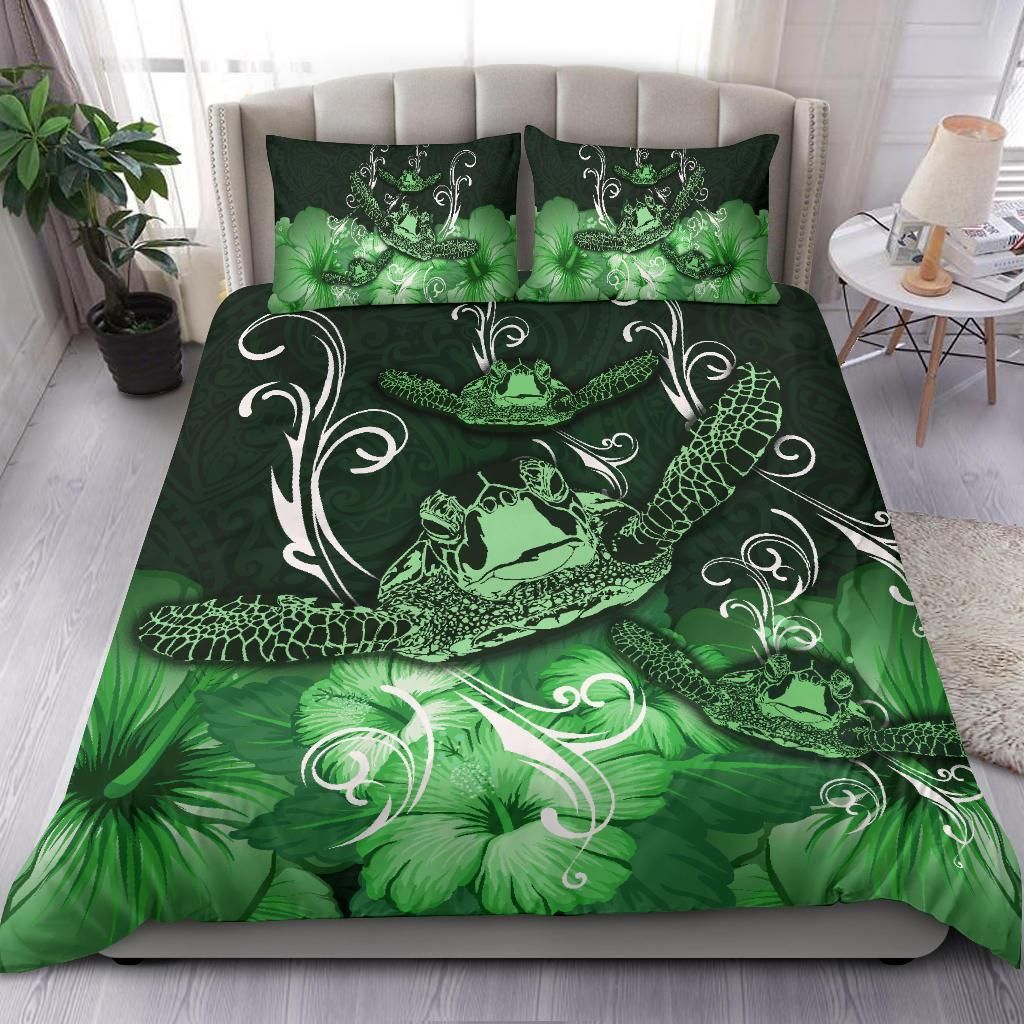 hawaii polynesian turtle waves hibiscus green duvet cover bedding set 1170