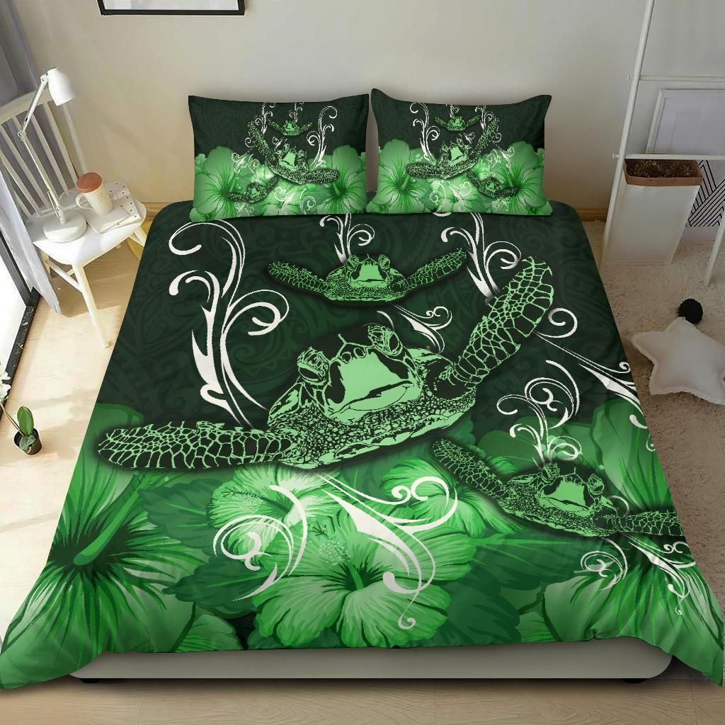 hawaii polynesian turtle waves hibiscus green duvet cover bedding set 6456