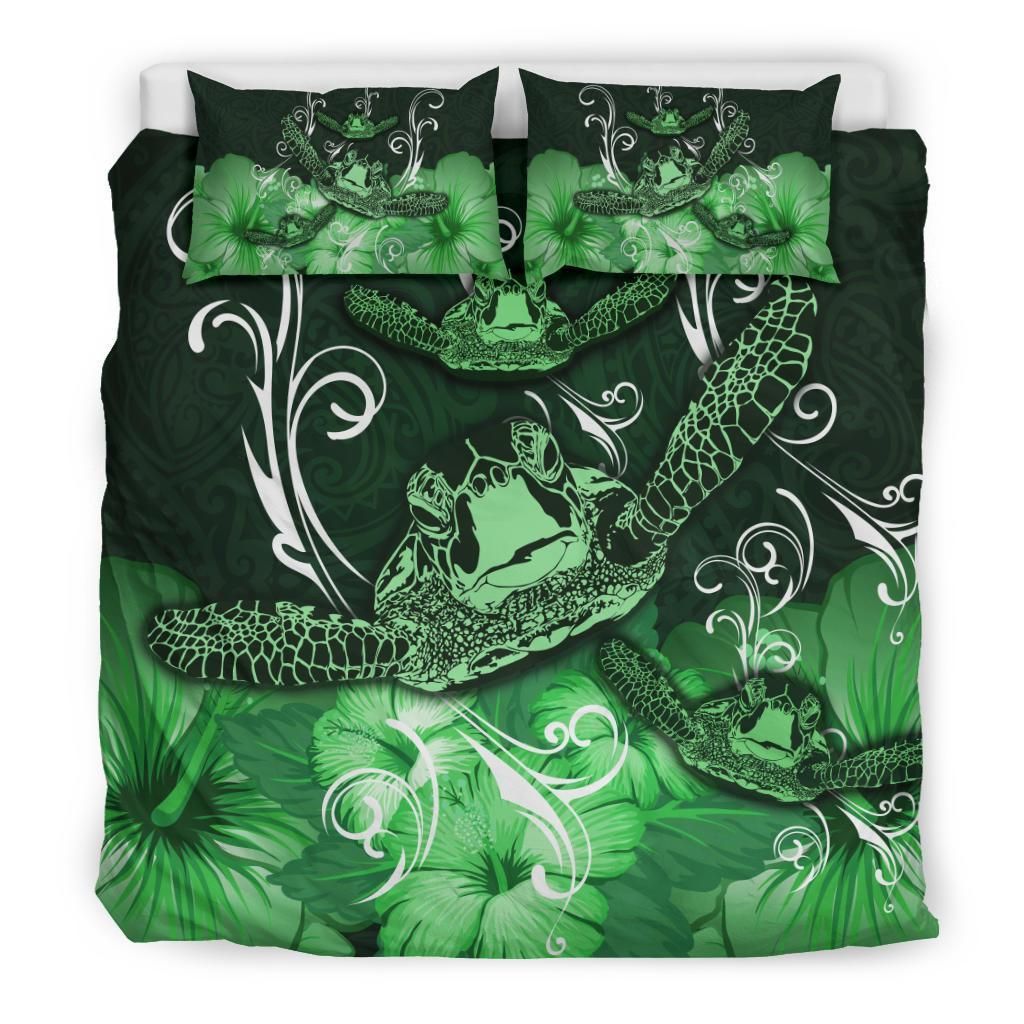 hawaii polynesian turtle waves hibiscus green duvet cover bedding set 6907