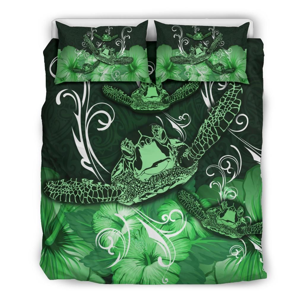 hawaii polynesian turtle waves hibiscus green duvet cover bedding set 7260