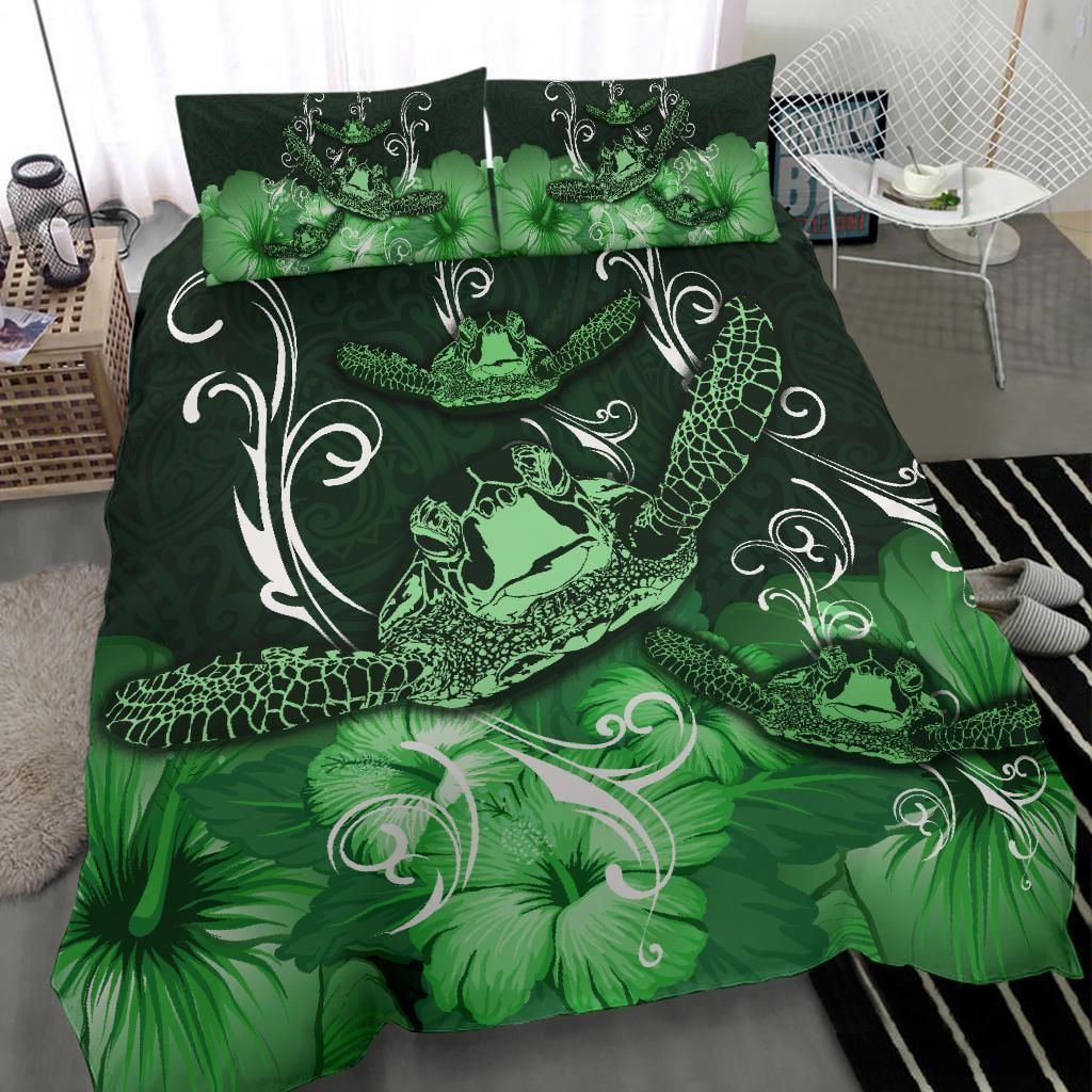 hawaii polynesian turtle waves hibiscus green duvet cover bedding set 8280