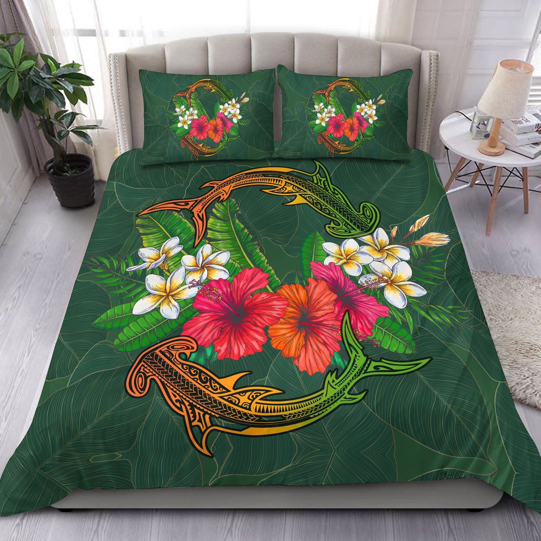 hawaii shark hibiscus tropical polynesian arian style duvet cover bedding set 4643