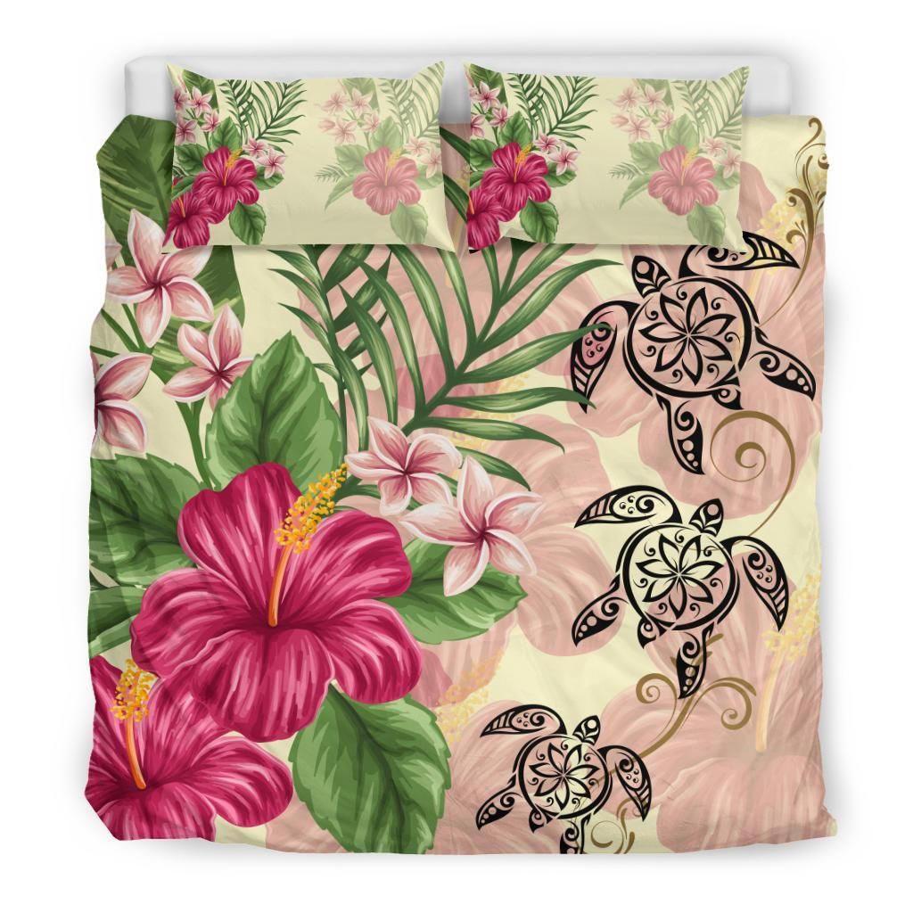 hawaii turtle hibiscus plumeria beige style duvet cover bedding set 4628