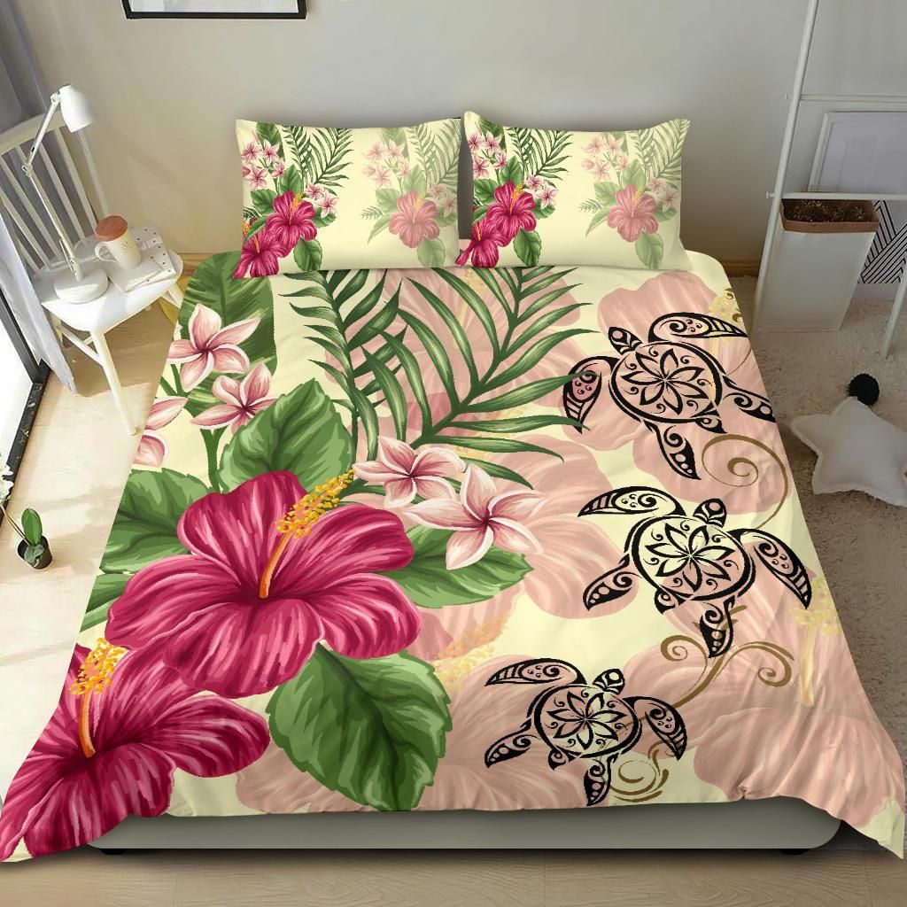 hawaii turtle hibiscus plumeria beige style duvet cover bedding set 4920