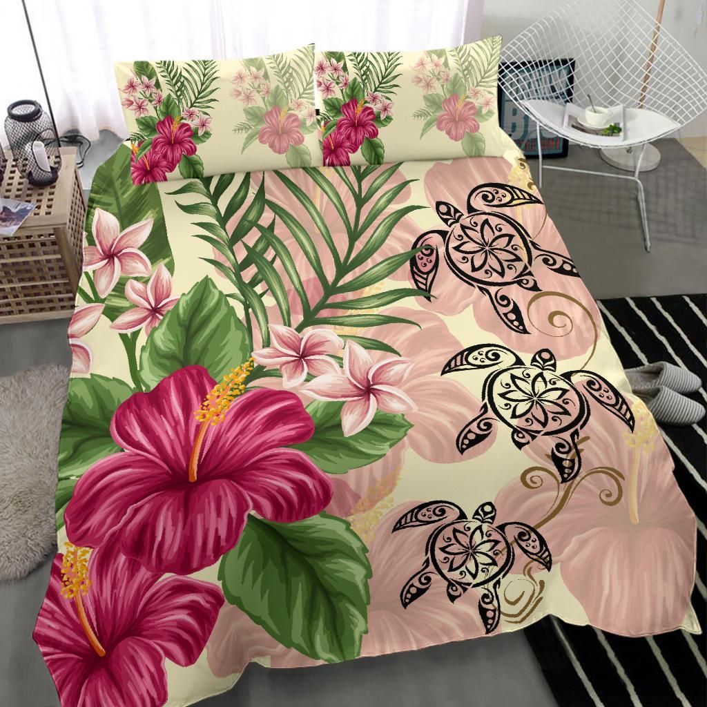 hawaii turtle hibiscus plumeria beige style duvet cover bedding set 7796
