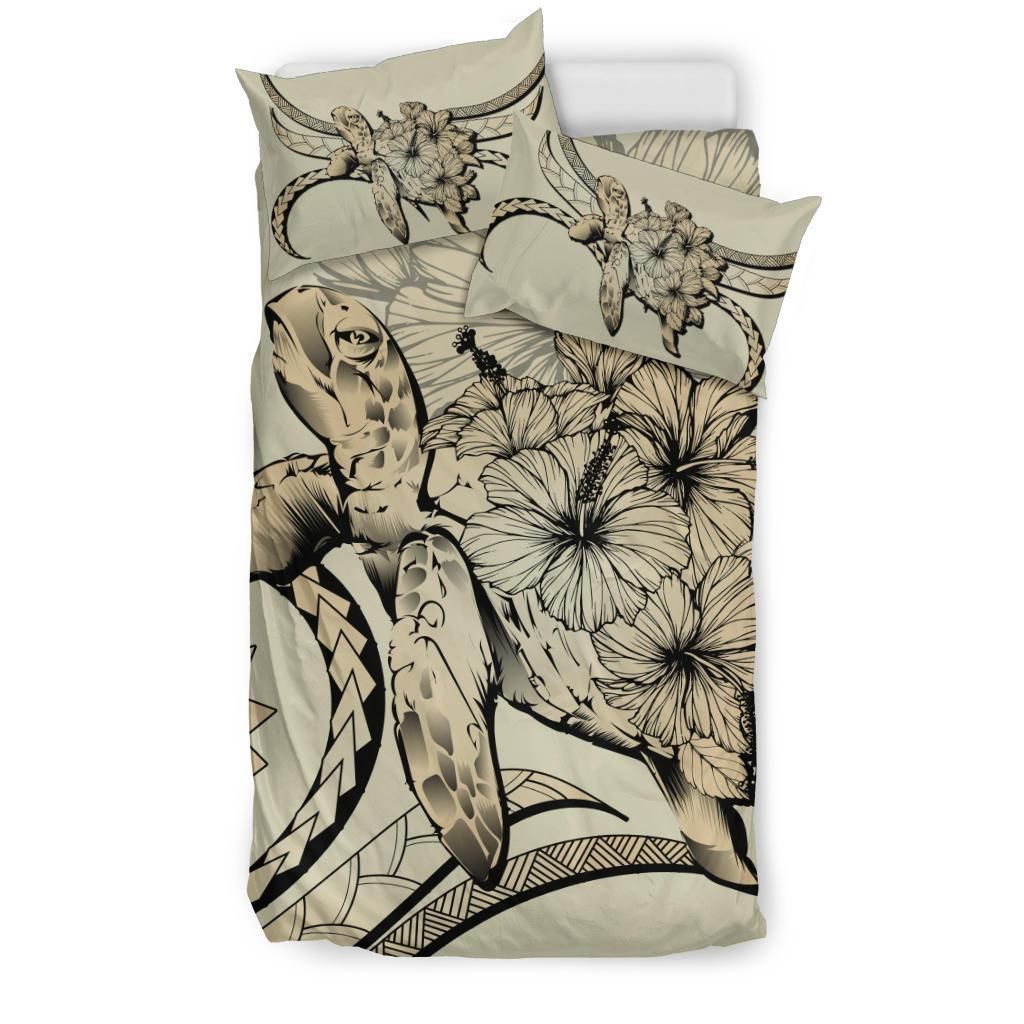 hawaii turtle hibiscus polynesian vintage beige duvet cover bedding set 2190