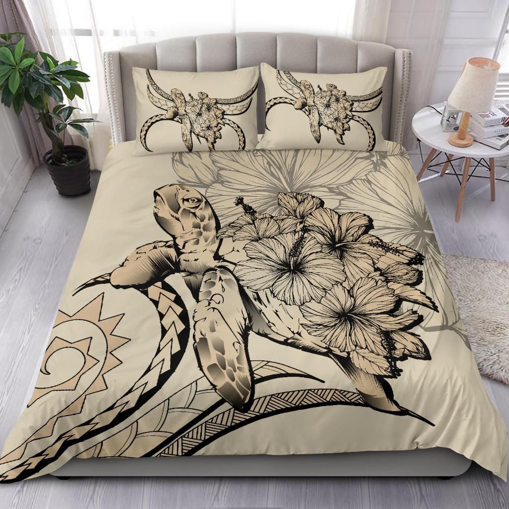 hawaii turtle hibiscus polynesian vintage beige duvet cover bedding set 2695