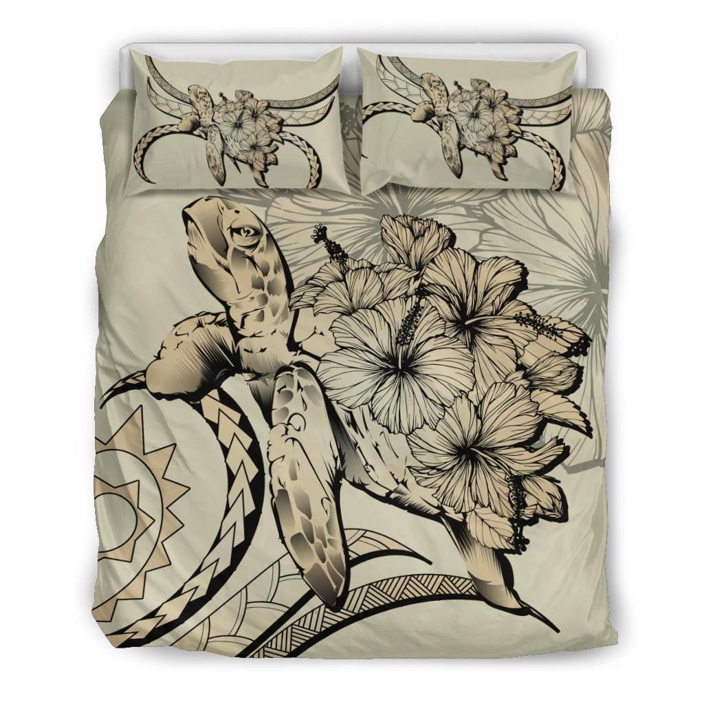 hawaii turtle hibiscus polynesian vintage beige duvet cover bedding set 3527