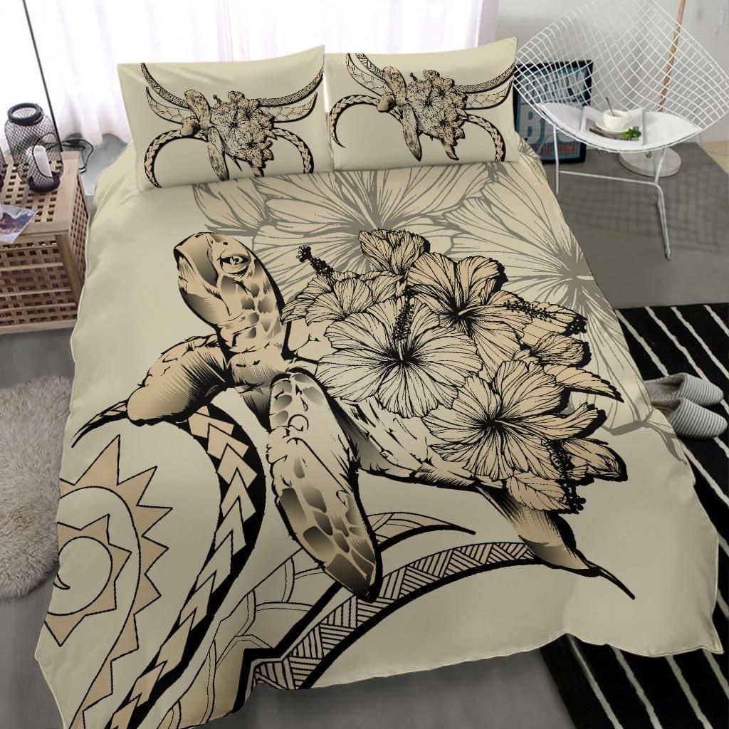 hawaii turtle hibiscus polynesian vintage beige duvet cover bedding set 4345