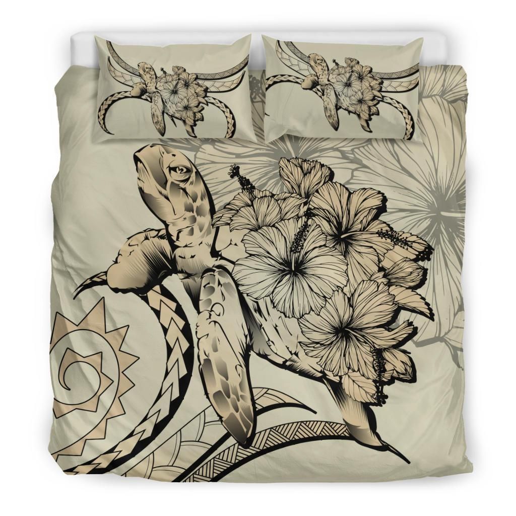 hawaii turtle hibiscus polynesian vintage beige duvet cover bedding set 5284