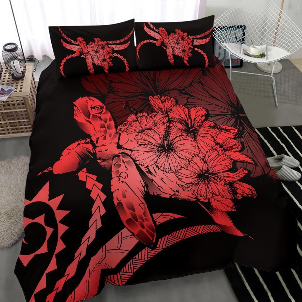 hawaii turtle hibiscus polynesian vintage red duvet cover bedding set 6902