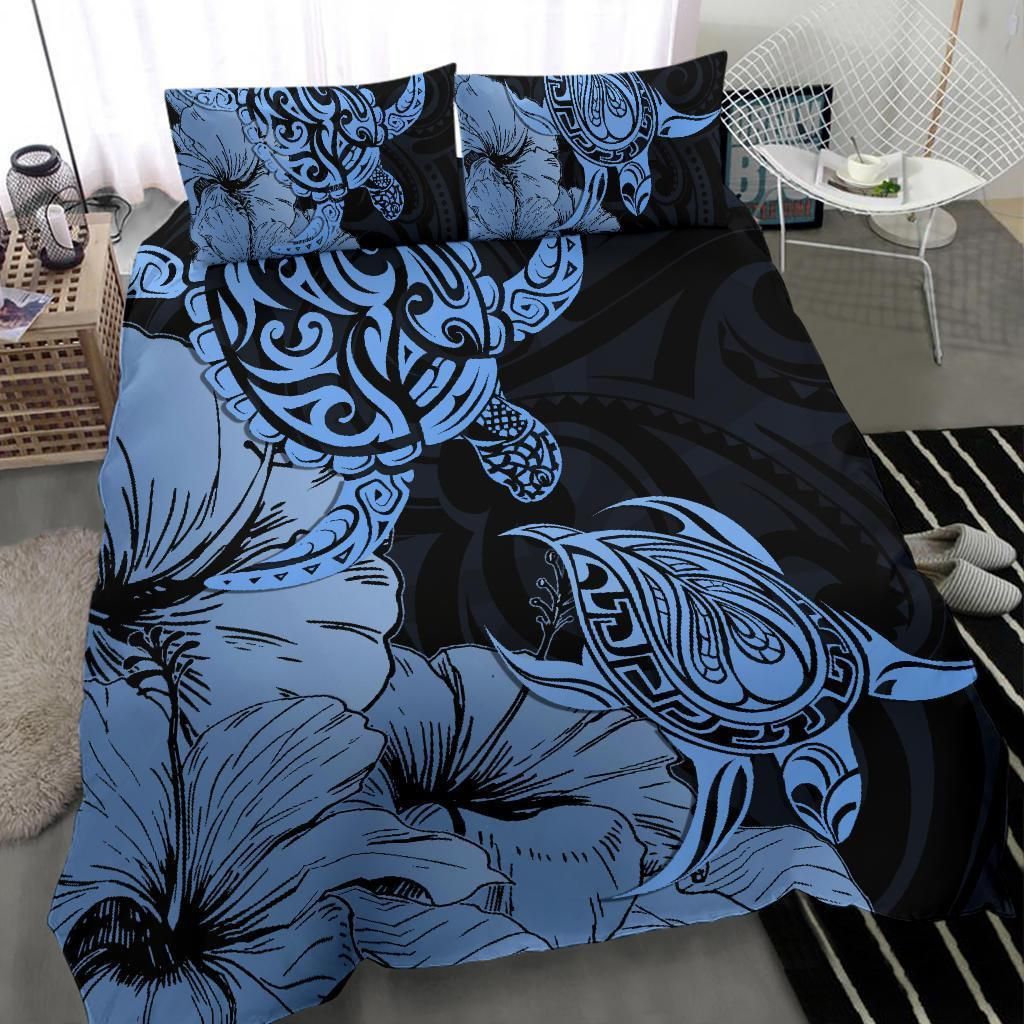 hawaii turtle polynesian hibiscus art gold blue duvet cover bedding set 1171