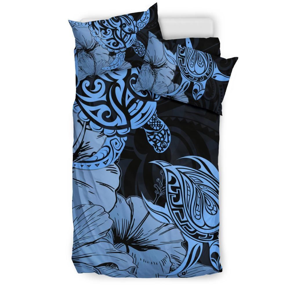 hawaii turtle polynesian hibiscus art gold blue duvet cover bedding set 4241