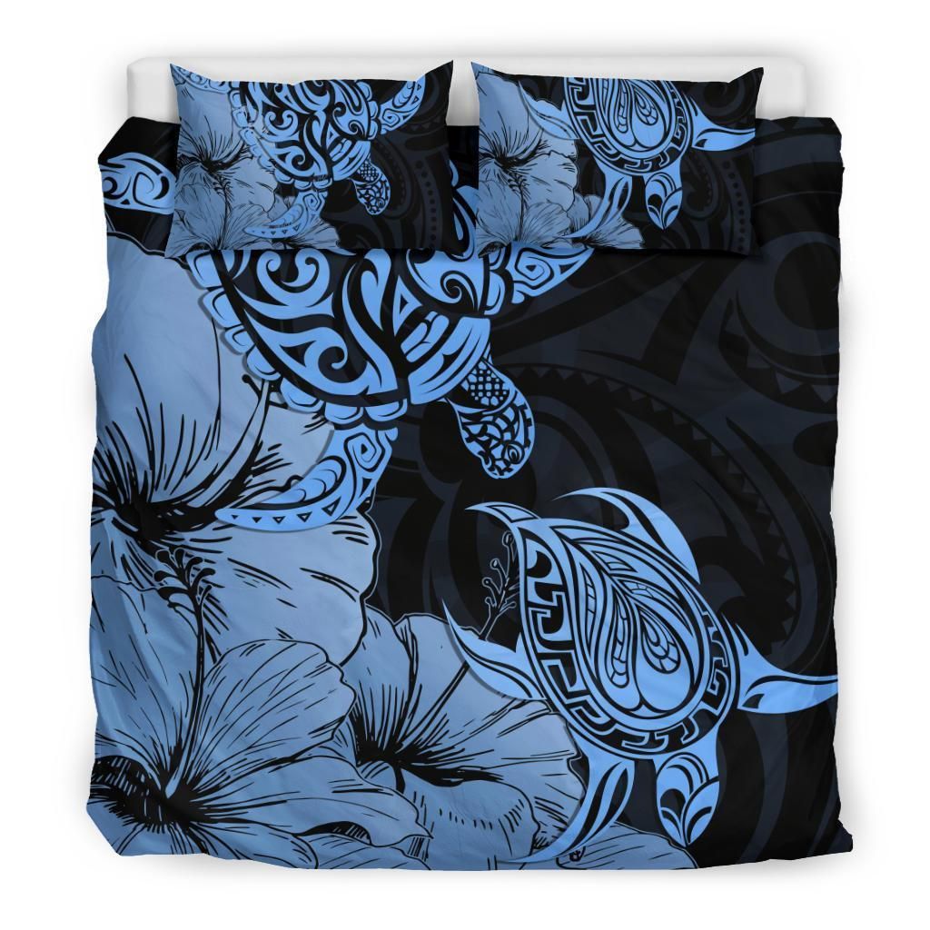 hawaii turtle polynesian hibiscus art gold blue duvet cover bedding set 6206