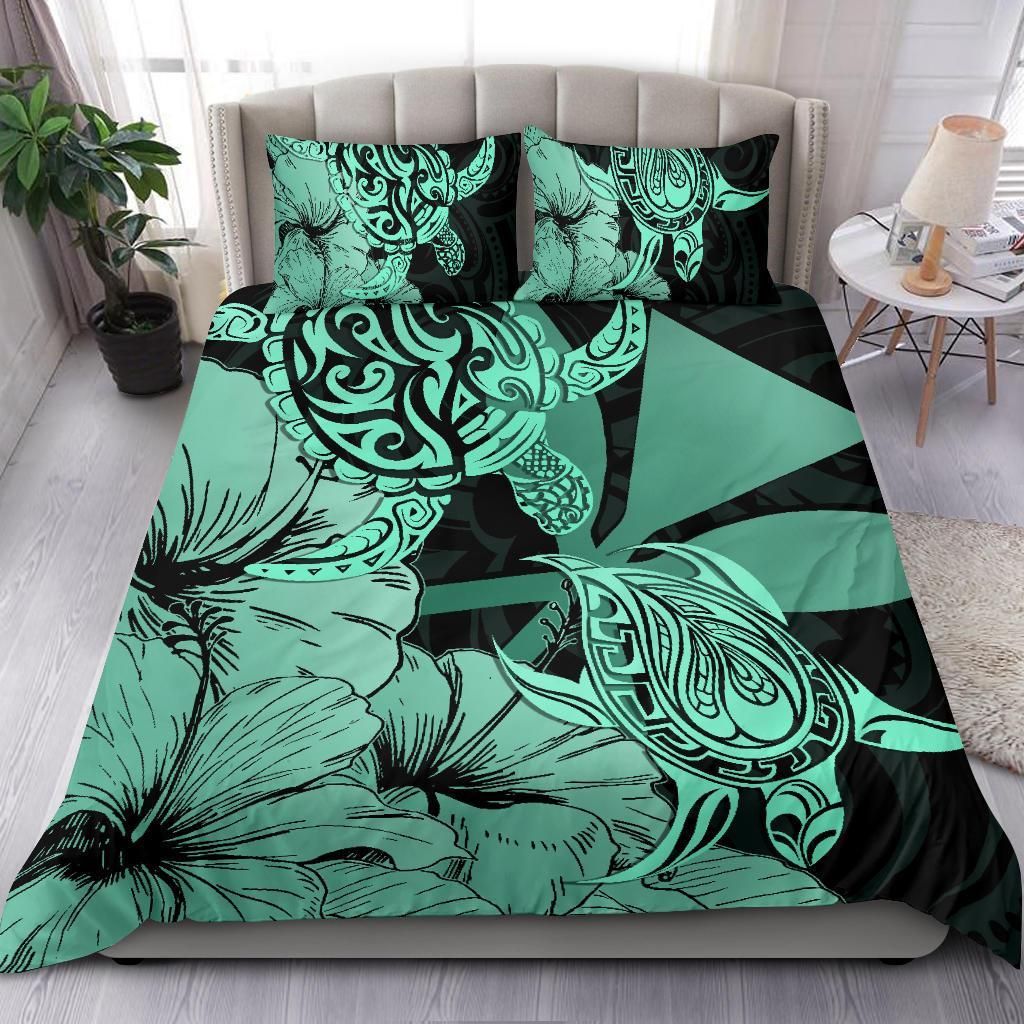 hawaii turtle polynesian hibiscus art turquoise duvet cover bedding set 3063
