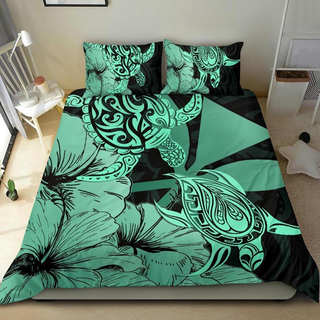 hawaii turtle polynesian hibiscus art turquoise duvet cover bedding set 6800