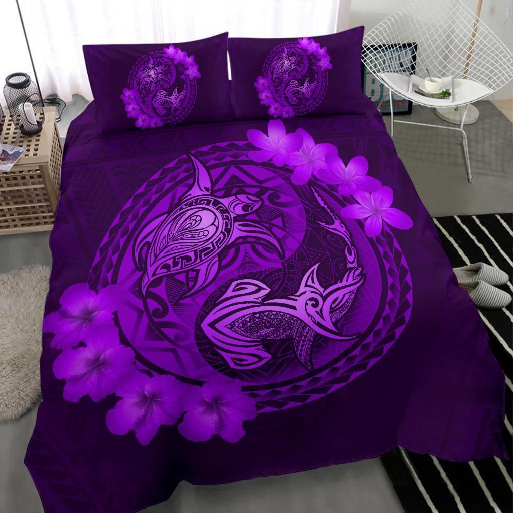 hawaii yin yang turtle shark hibiscus plumeria purple duvet cover bedding set 5025