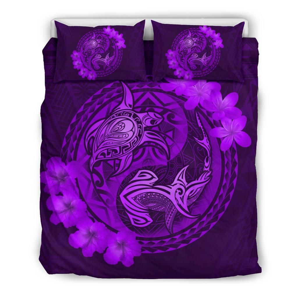 hawaii yin yang turtle shark hibiscus plumeria purple duvet cover bedding set 5789