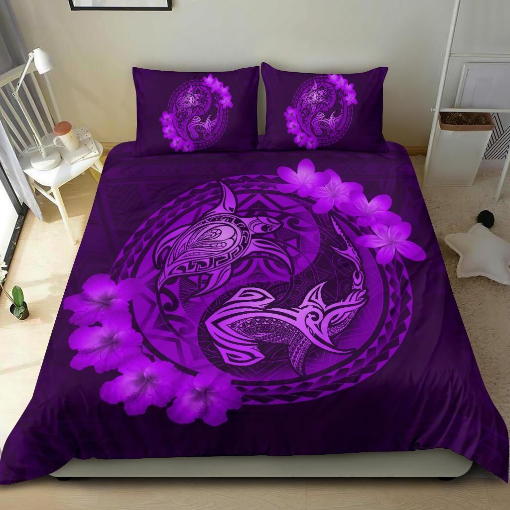 hawaii yin yang turtle shark hibiscus plumeria purple duvet cover bedding set 6210