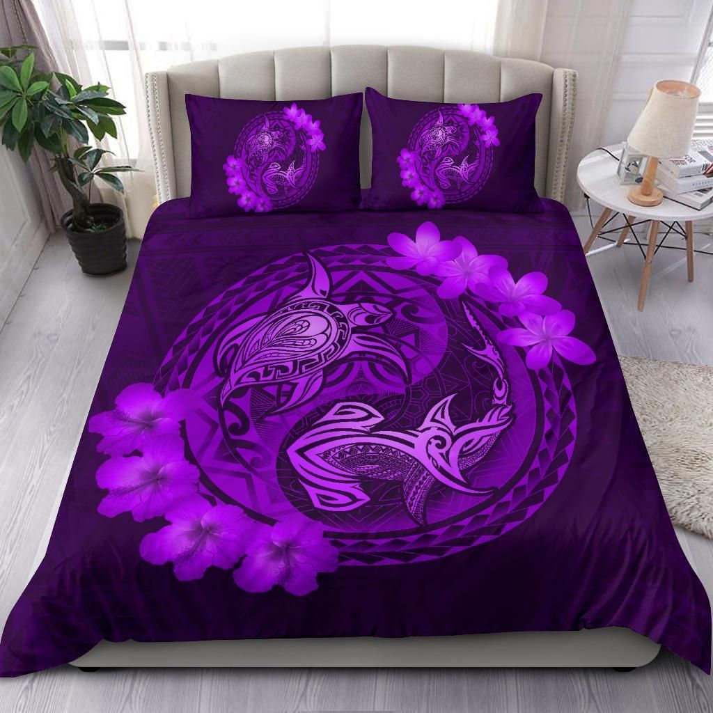 hawaii yin yang turtle shark hibiscus plumeria purple duvet cover bedding set 8624