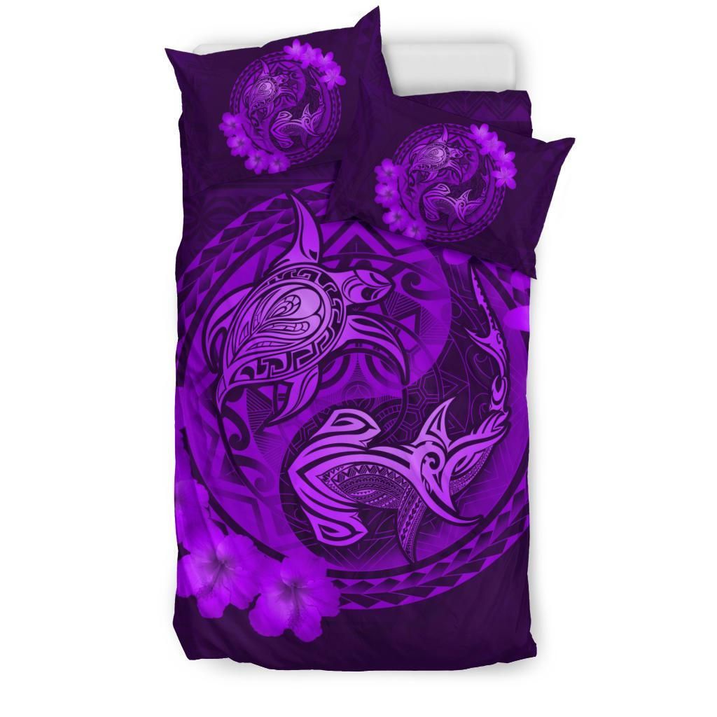 hawaii yin yang turtle shark hibiscus plumeria purple duvet cover bedding set 8667