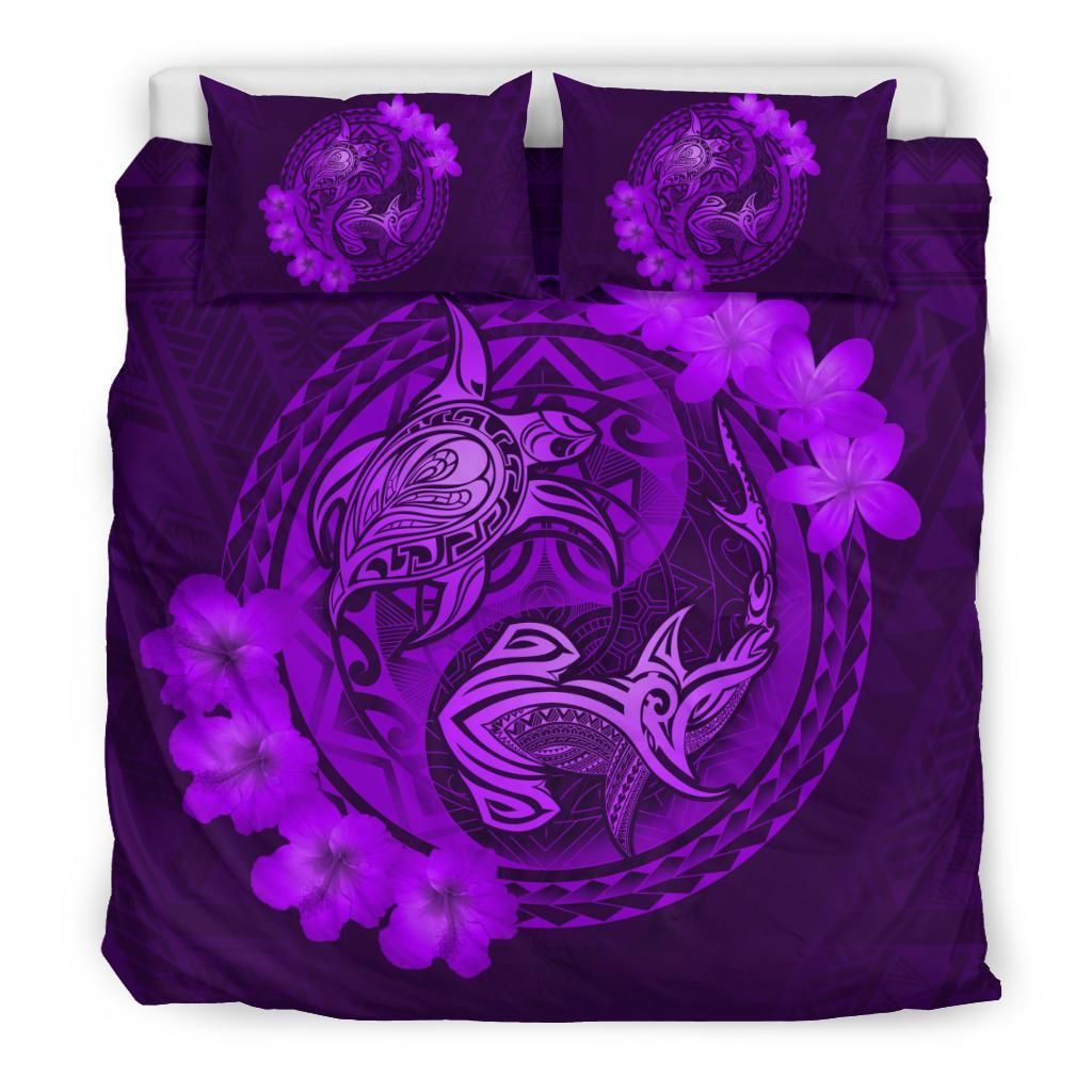 hawaii yin yang turtle shark hibiscus plumeria purple duvet cover bedding set 8930