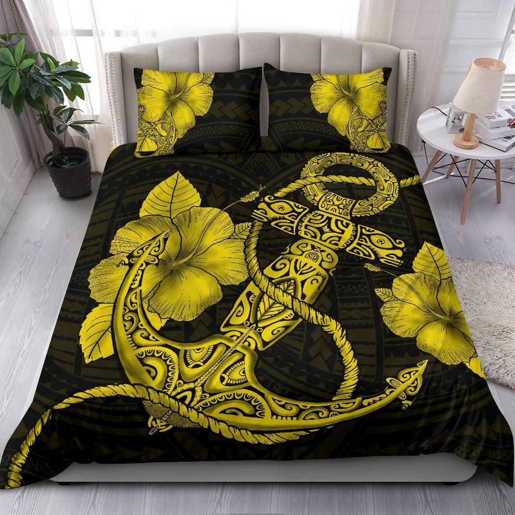 hawaiian anchor poly tribal hibiscus polynesian yellow duvet cover bedding set 1565