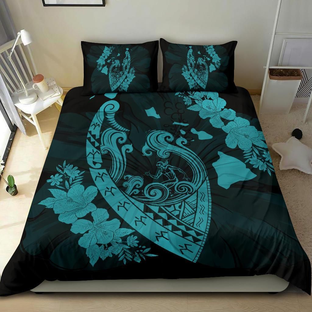 hawaiian fish hook hibiscus banzai surfing polynesian blue duvet cover bedding set 5652