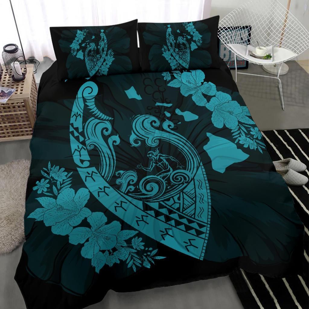 hawaiian fish hook hibiscus banzai surfing polynesian blue duvet cover bedding set 6995