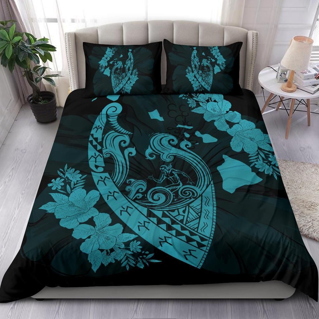 hawaiian fish hook hibiscus banzai surfing polynesian blue duvet cover bedding set 7291