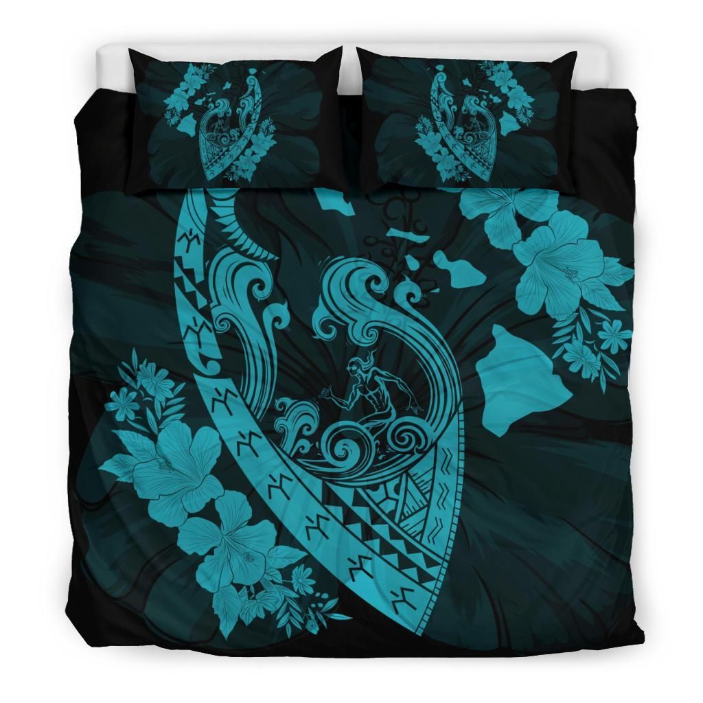 hawaiian fish hook hibiscus banzai surfing polynesian blue duvet cover bedding set 8382