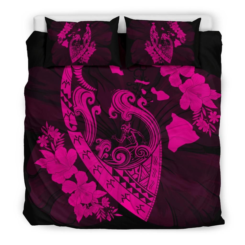 hawaiian fish hook hibiscus banzai surfing polynesian pink duvet cover bedding set 3379