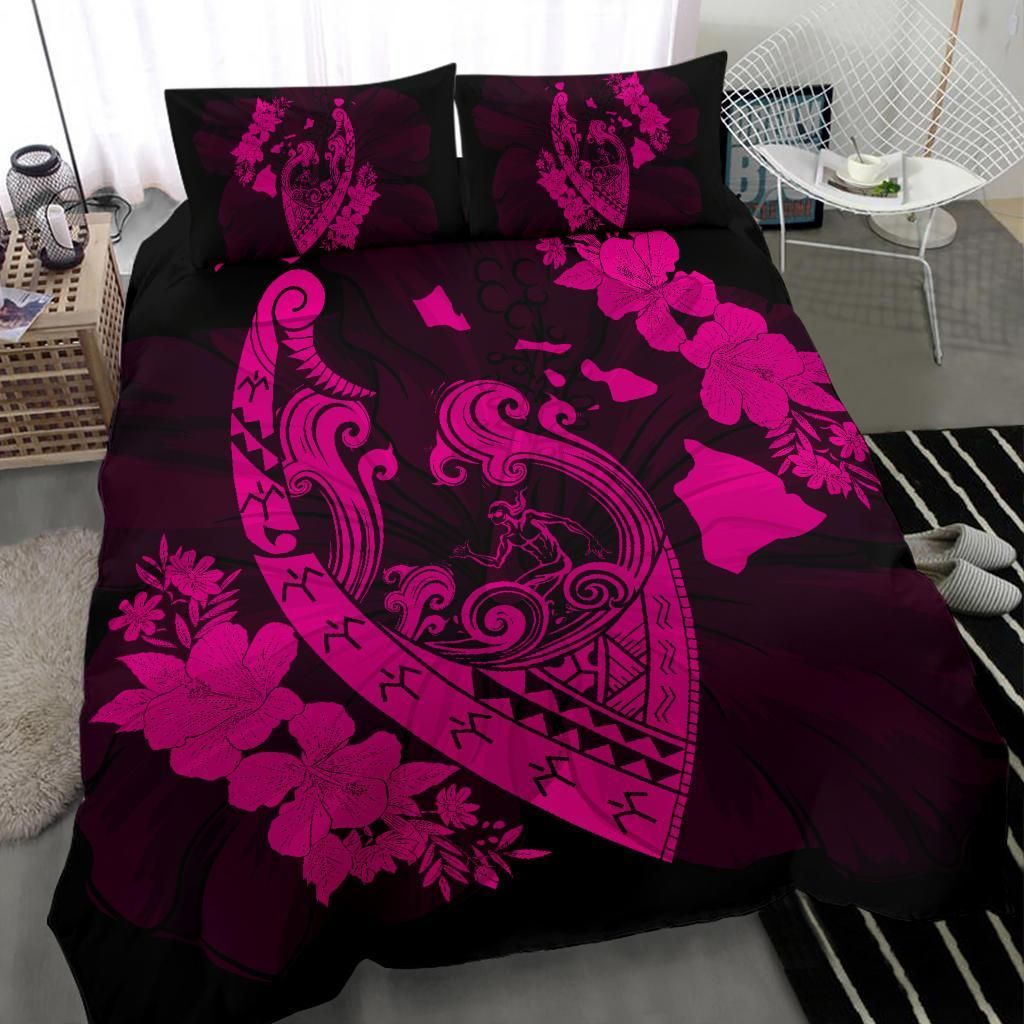 hawaiian fish hook hibiscus banzai surfing polynesian pink duvet cover bedding set 6618