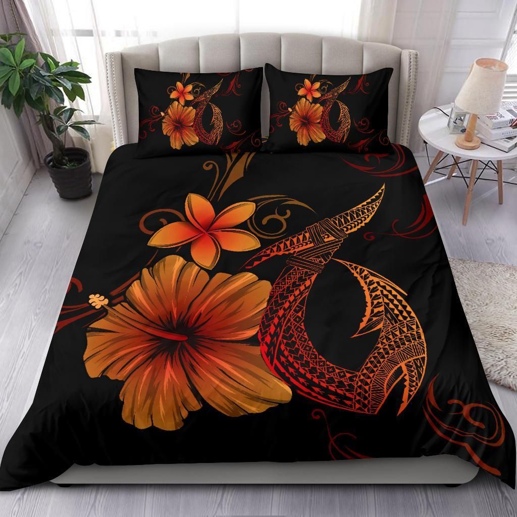hawaiian fish hook hibiscus plumeria polynesian orange duvet cover bedding set 2107