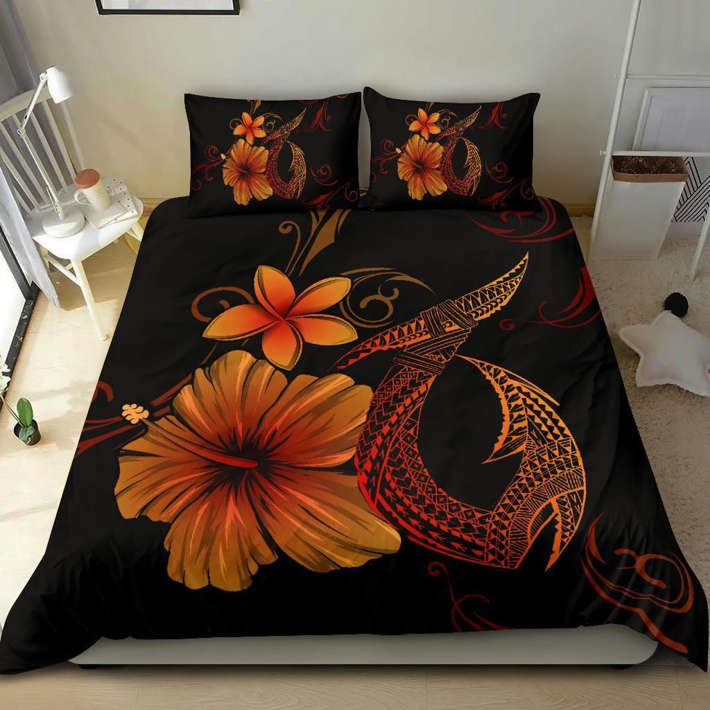 hawaiian fish hook hibiscus plumeria polynesian orange duvet cover bedding set 6934