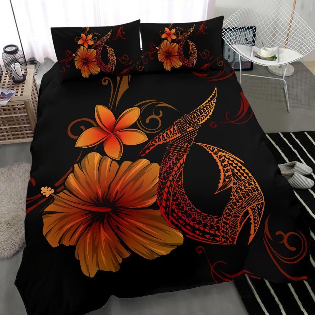 hawaiian fish hook hibiscus plumeria polynesian orange duvet cover bedding set 8619