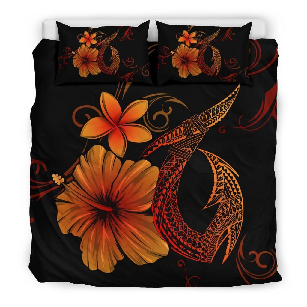 hawaiian fish hook hibiscus plumeria polynesian orange duvet cover bedding set 8714