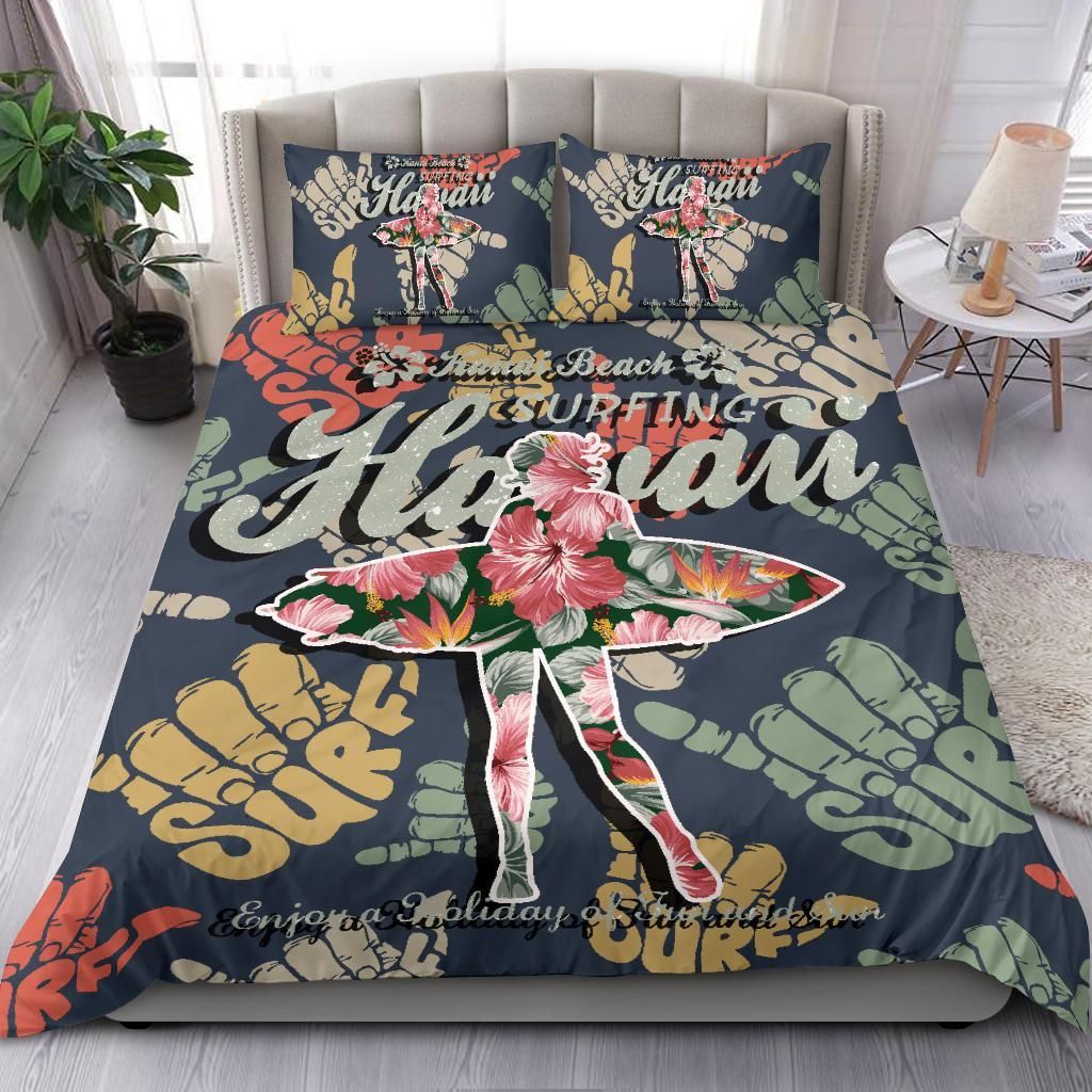 hawaiian hibiscus shaka banzai pipeline surfing girl duvet cover bedding set 1982