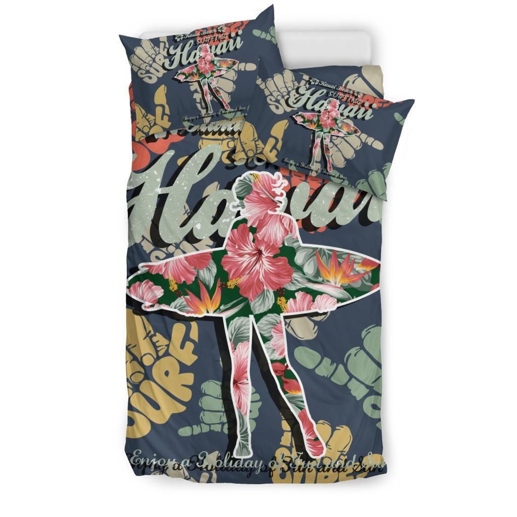 hawaiian hibiscus shaka banzai pipeline surfing girl duvet cover bedding set 3664